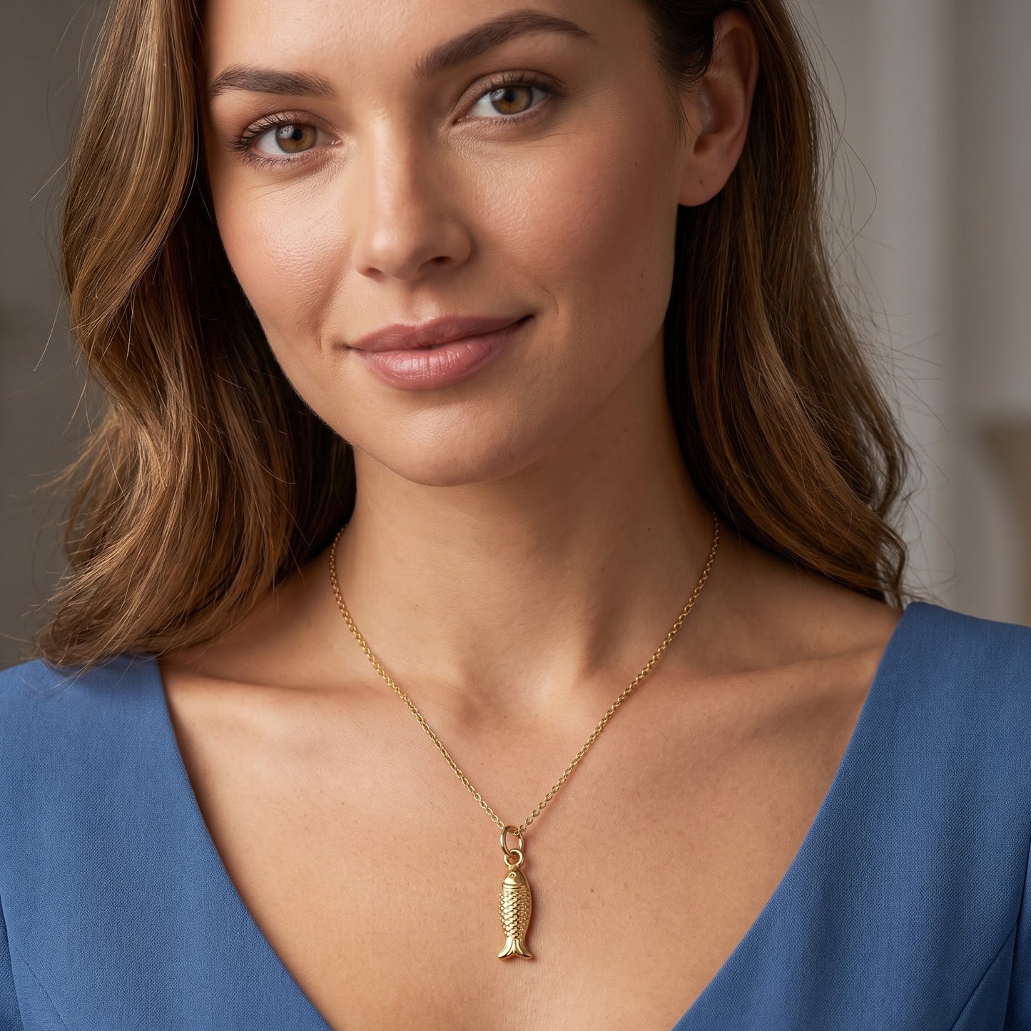 14K Solid Gold Fish Charm Pendant Necklace