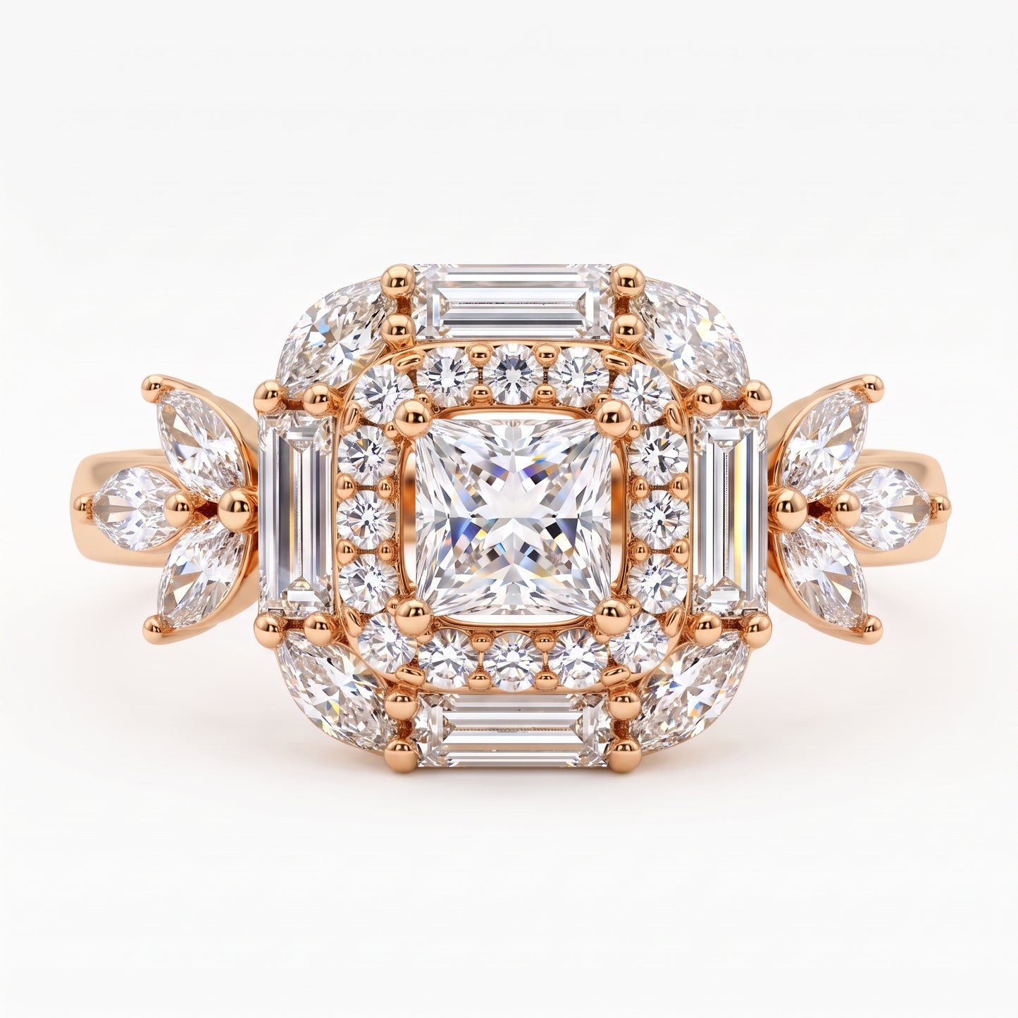 1.20 CT Princess Cut Lab Grown Diamond Floral Halo Engagement Ring, 14K Gold