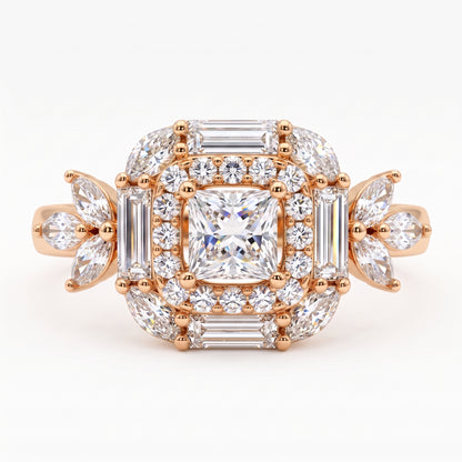 1.20 CT Princess Cut Lab Grown Diamond Floral Halo Engagement Ring, 14K Gold