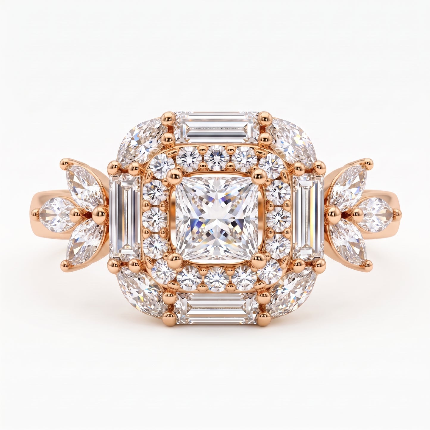 1.20 CT Princess Cut Lab Grown Diamond Floral Halo Engagement Ring, 14K Gold