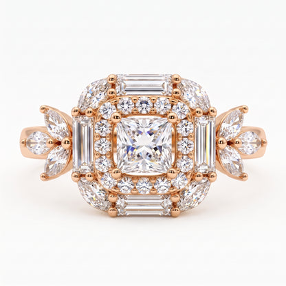 1.20 CT Princess Cut Lab Grown Diamond Floral Halo Engagement Ring, 14K Gold