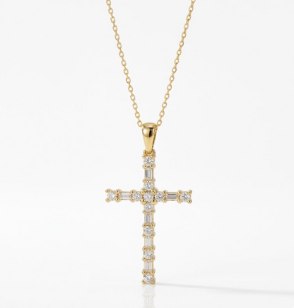 0.190 Ct Baguette & Round Lab-Grown Cross Necklace