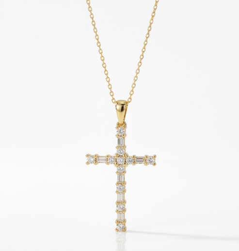 0.190 Ct Baguette & Round Moissanite Cross Necklace