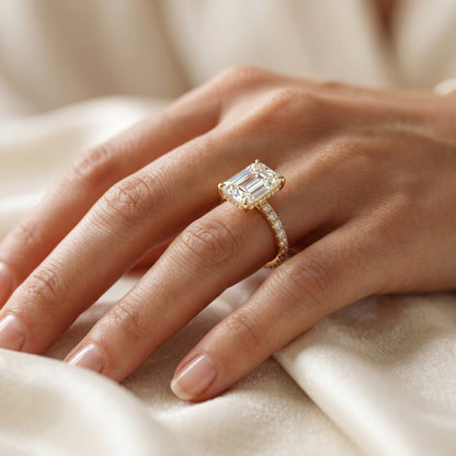2 CT Emerald Cut Lab Grown Diamond Engagement Ring, Hidden Halo Diamond Ring