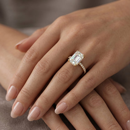 2 CT Emerald Cut Lab Grown Diamond Engagement Ring, Hidden Halo Diamond Ring