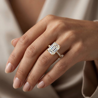 2 CT Emerald Cut Lab Grown Diamond Engagement Ring, Hidden Halo Diamond Ring
