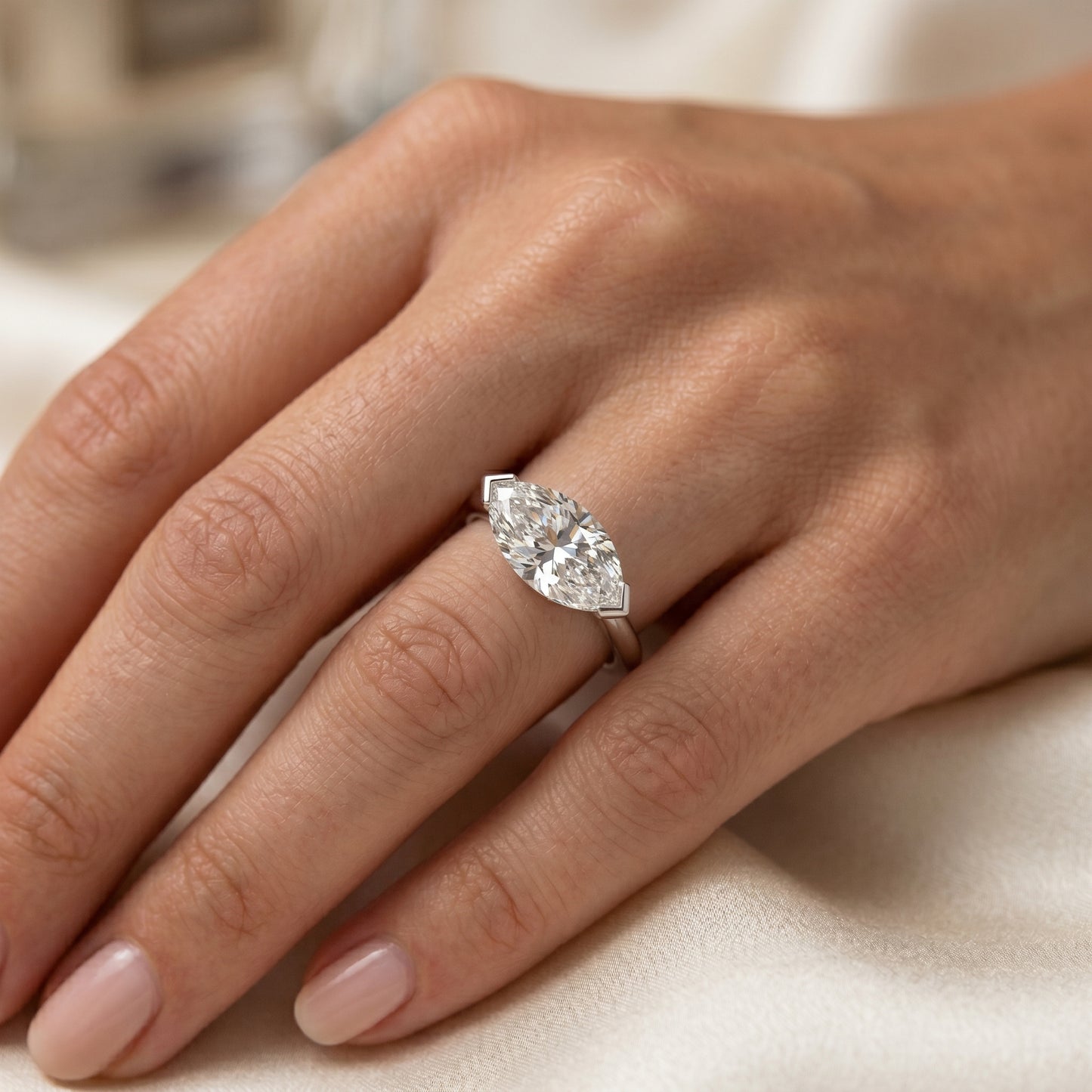 2.00Ct East West Marquise Cut Lab Grown Diamond Engagement Ring in 14k White Gold