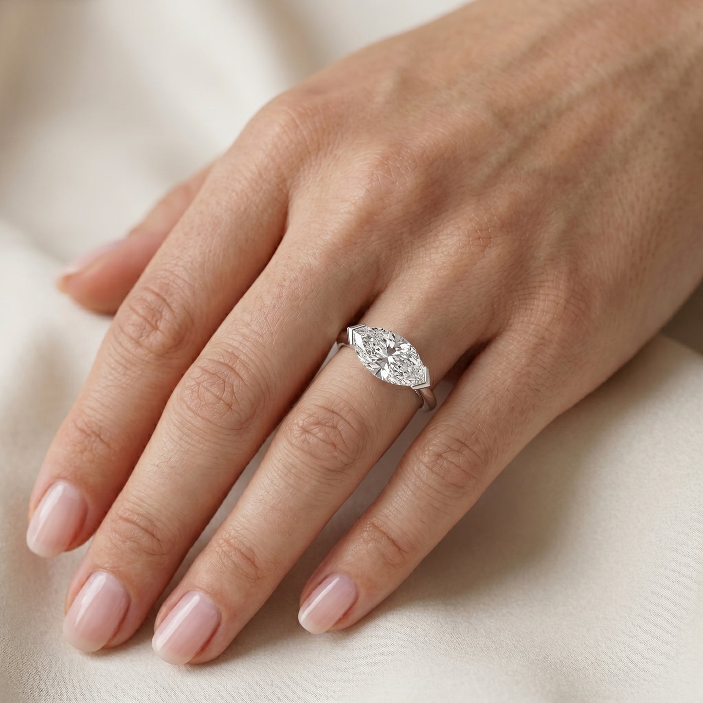 2.00Ct East West Marquise Cut Lab Grown Diamond Engagement Ring in 14k White Gold