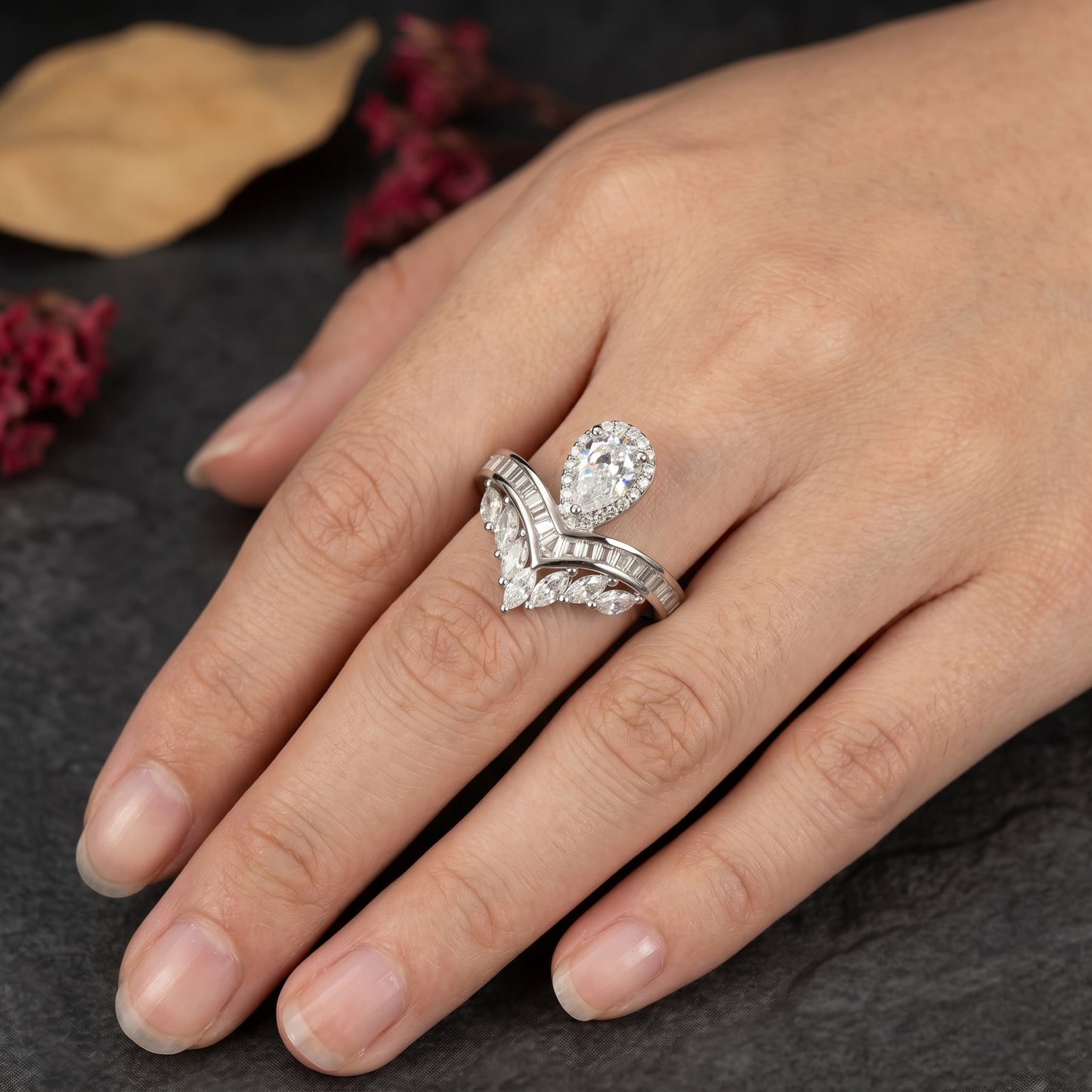 2.00CT Pear  Cut Lab Grown Diamond  Engagement Ring, Bridal Ring Set