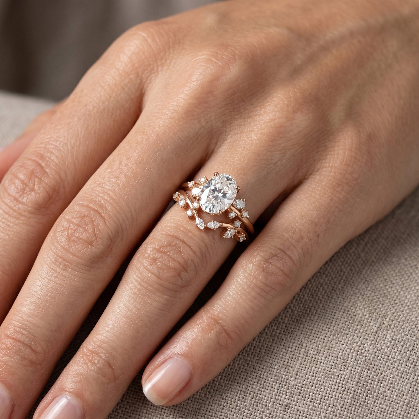 Vintage Oval Cut Moissanite Engagement Ring Set Uniqied Leaf and Vine Twisted Design Ring
