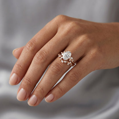Vintage Oval Cut Moissanite Engagement Ring Set Uniqied Leaf and Vine Twisted Design Ring