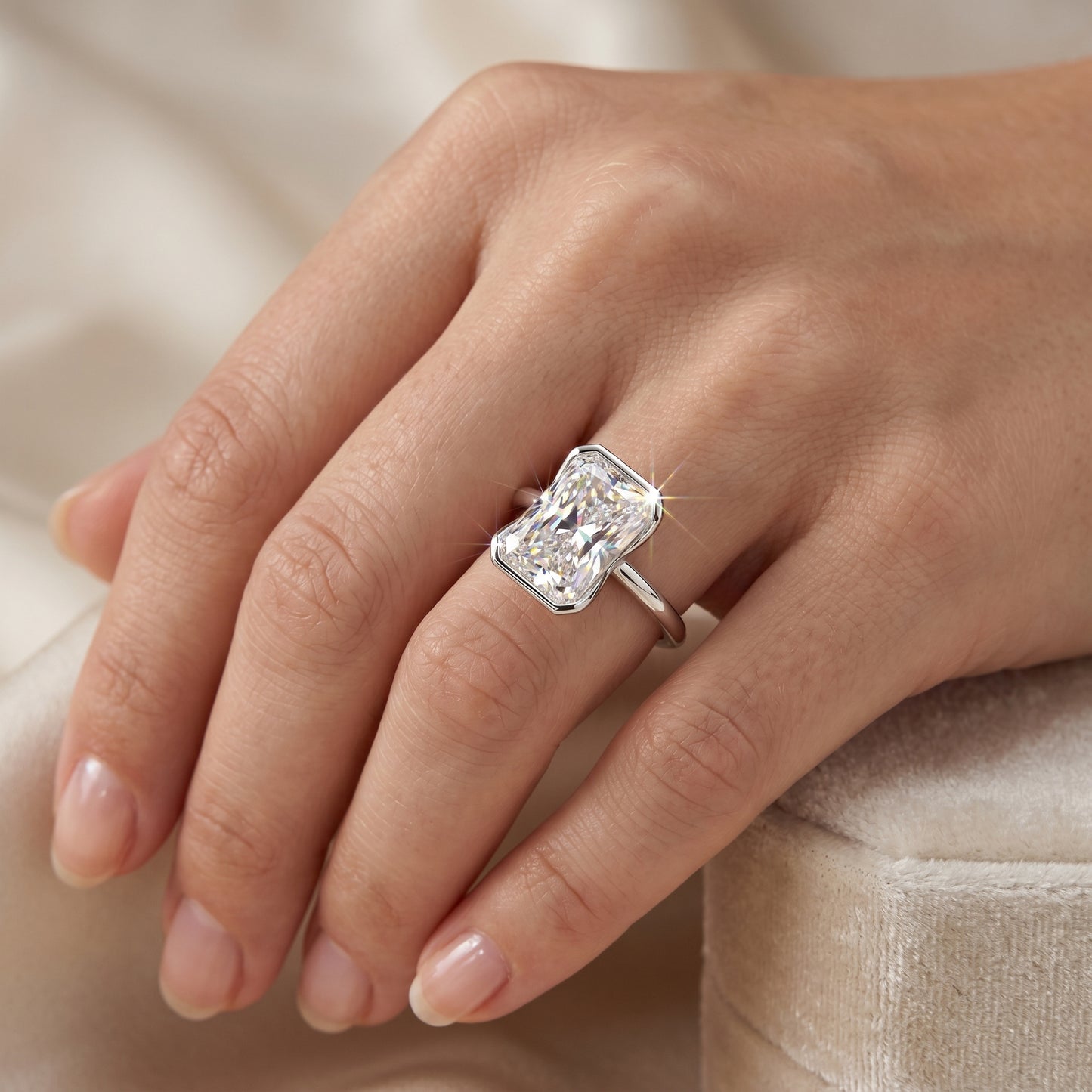 1.00Ctw Radiant Cut Lab-Grown Bezel Set Engagement Ring 14K White Gold