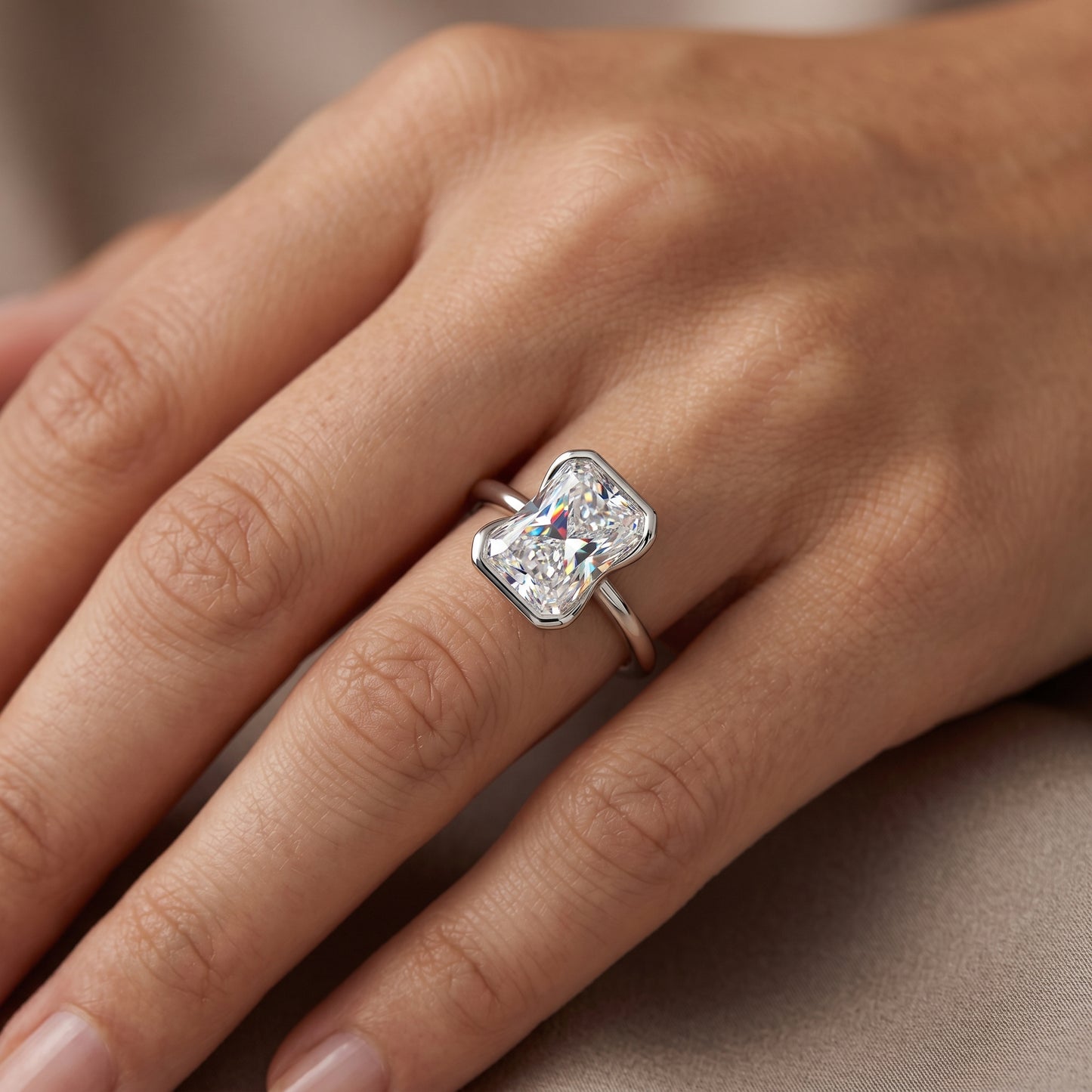 1.00Ctw Radiant Cut Lab-Grown Bezel Set Engagement Ring 14K White Gold