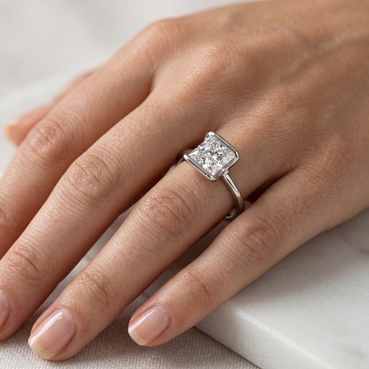 1.00CT 6.5MM Princess Cut Half Bezel Set Lab-Grown Engagement Ring