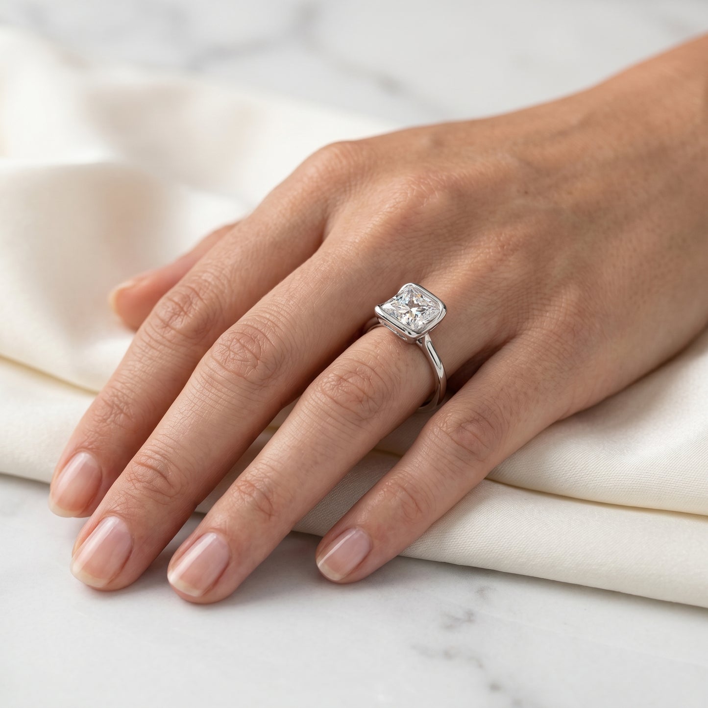 1.00CT 6.5MM Princess Cut Half Bezel Set Lab-Grown Engagement Ring