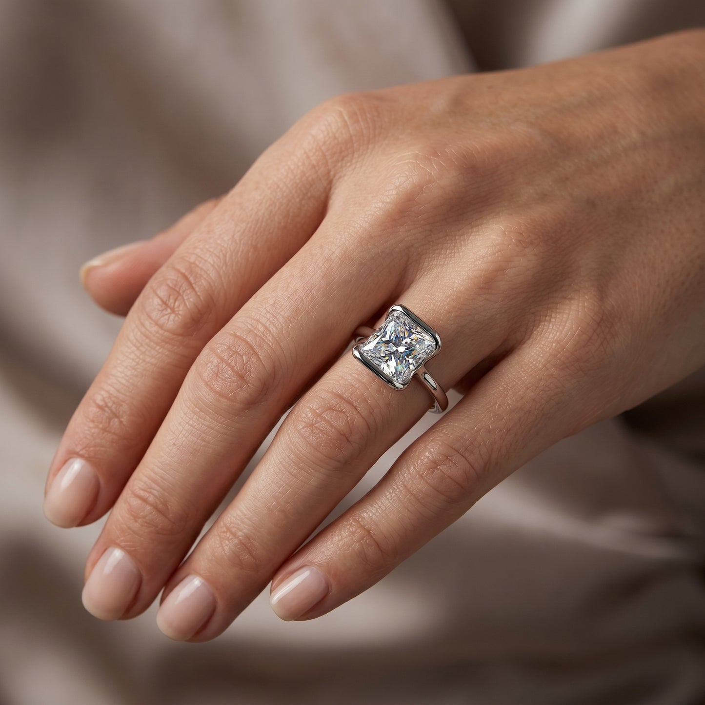 1.00CT 6.5MM Princess Cut Half Bezel Set Lab-Grown Engagement Ring