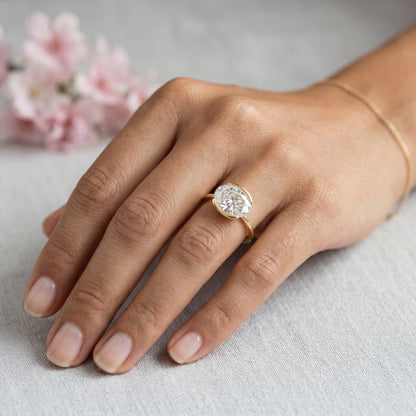 1.00CT Fancy Half Bezel Setting Oval Moissanite Engagement Ring