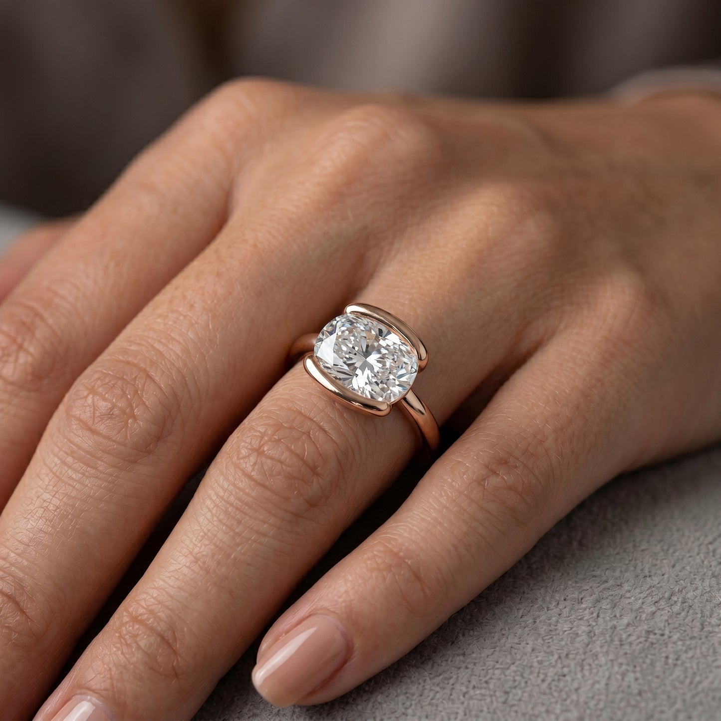 1.00CT Fancy Half Bezel Setting Oval Moissanite Engagement Ring