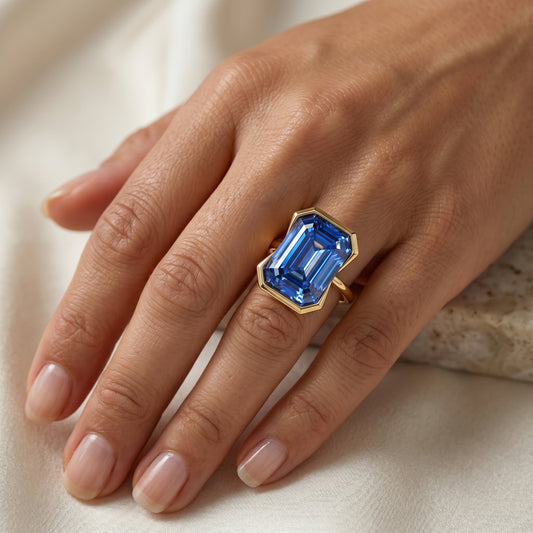 2.00ct Blue Emerald Cut Lab Sapphire Engagement Ring