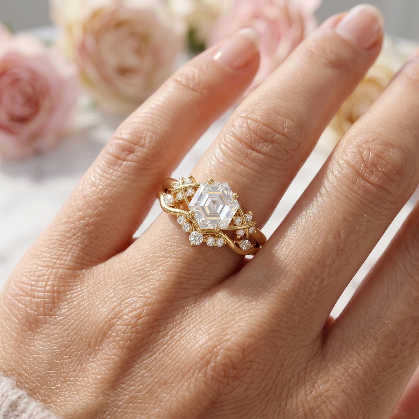 1.17 Ct Hexagon Lab Grown Diamond Art Deco Ring Set