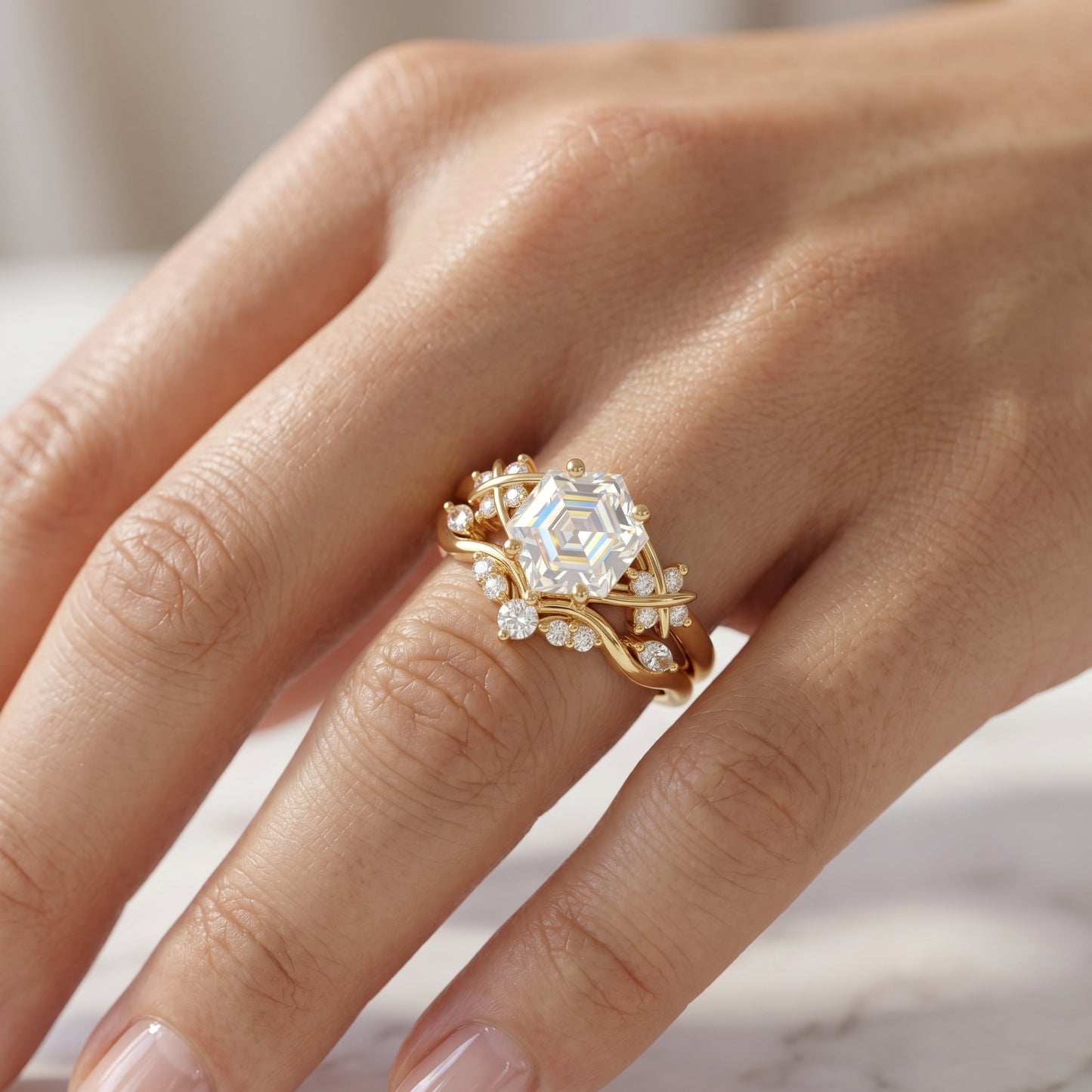 1.17 Ct Hexagon Lab Grown Diamond Art Deco Ring Set