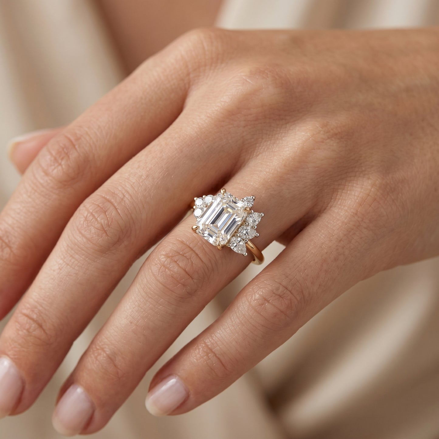 1.600ct Emerald Cut Three Stone Cluster Engagement Ring