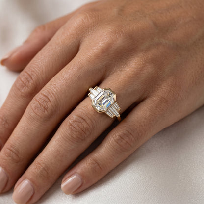 Hexagon Engagement Ring with Baguette Side Stones