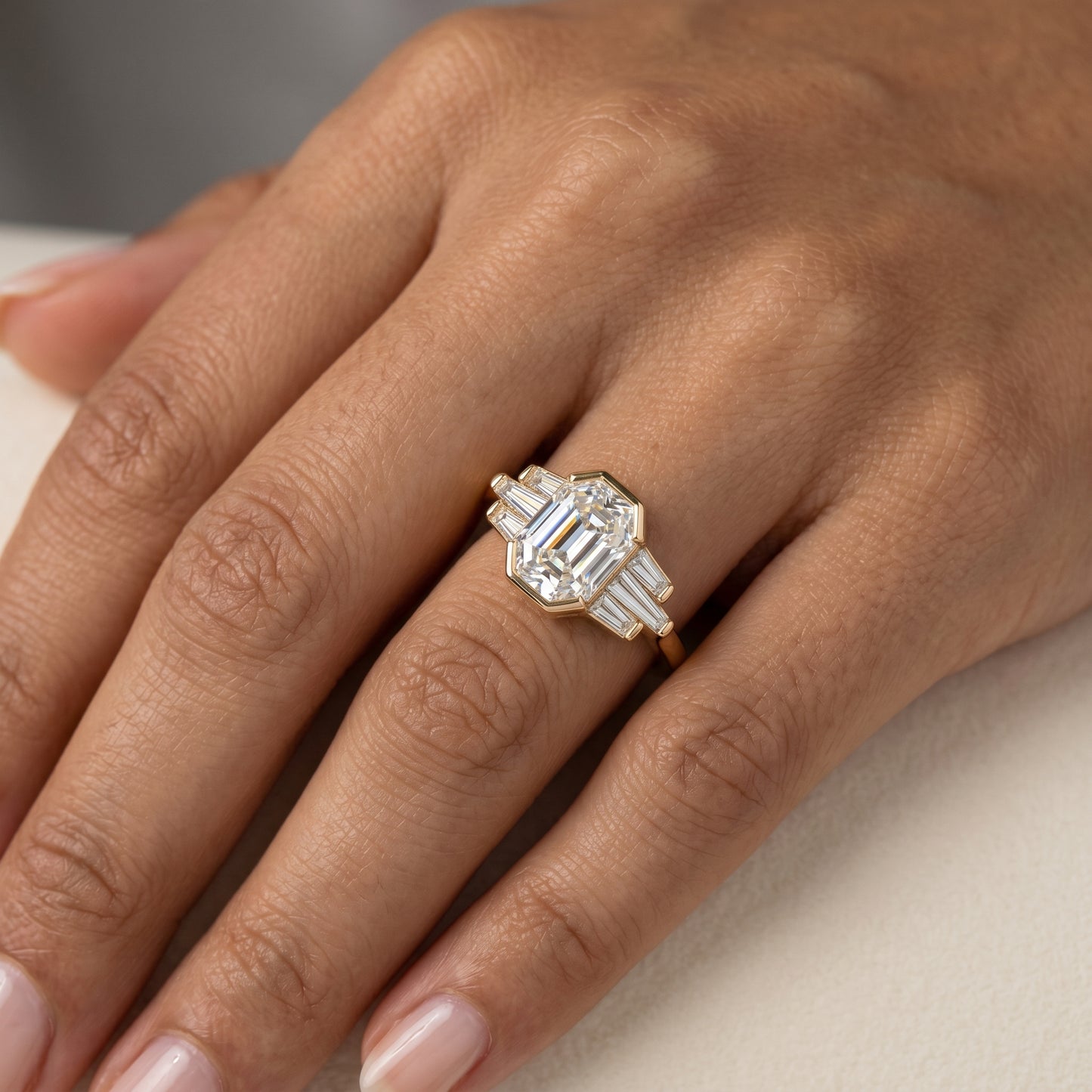 Hexagon Engagement Ring with Baguette Side Stones