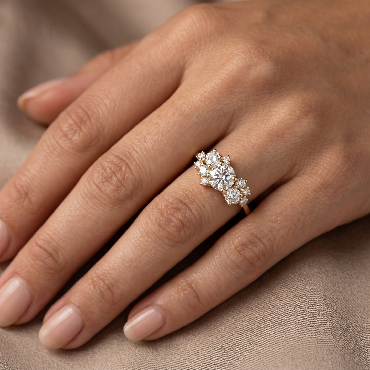 1.10 CT Round Cut Cluster Engagement Ring - 14K Gold