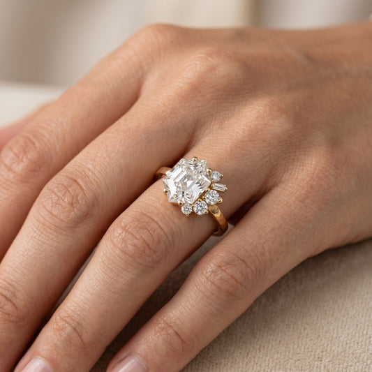 Hexagon Engagement Ring 1.65 CT – Geometric Cluster 14K Gold Ring