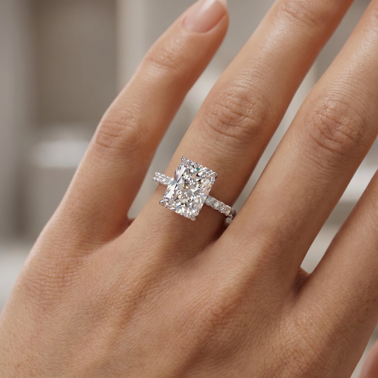 2.30 CT Radiant Cut Lab Grown Hidden Halo Diamond Engagement Ring