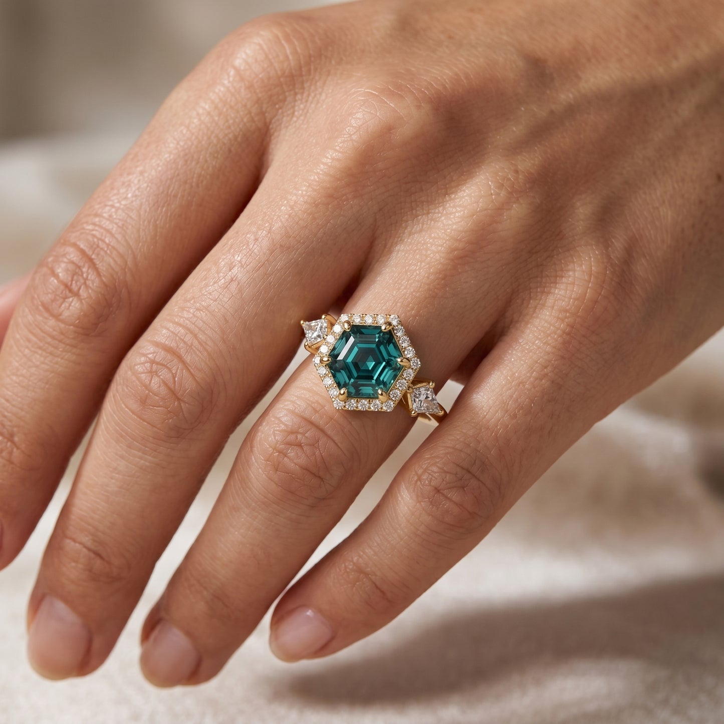 1.32 Ct Hexagon Lab Diamond Ring  - Green  Halo Engagement