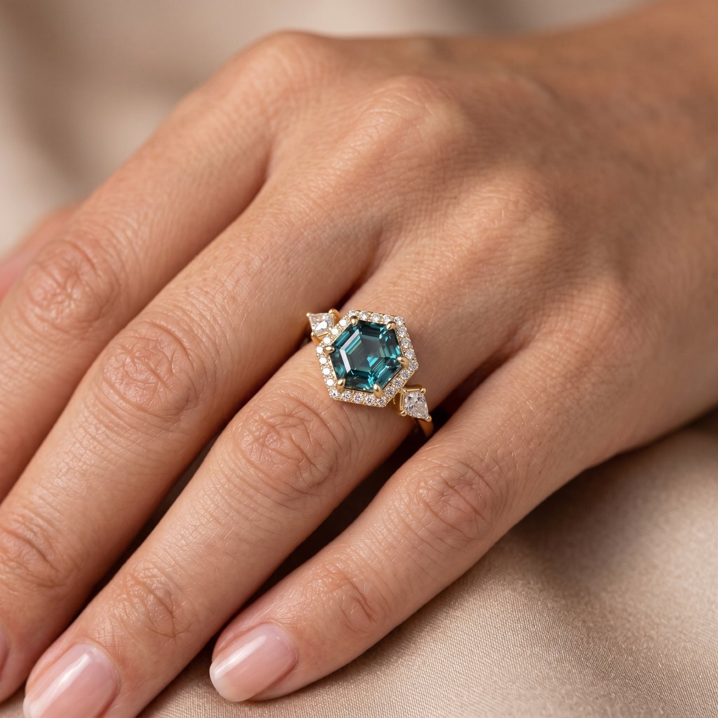 1.32 Ct Hexagon Lab Diamond Ring  - Green  Halo Engagement