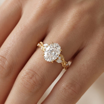 1.60ct Oval Lab Grown Diamond Engagement Ring - Leaf Art Deco