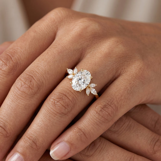 1.25 ct Oval Cut Lab Grown Diamond Engagement Ring • Vintage Marquise Diamond Cluster