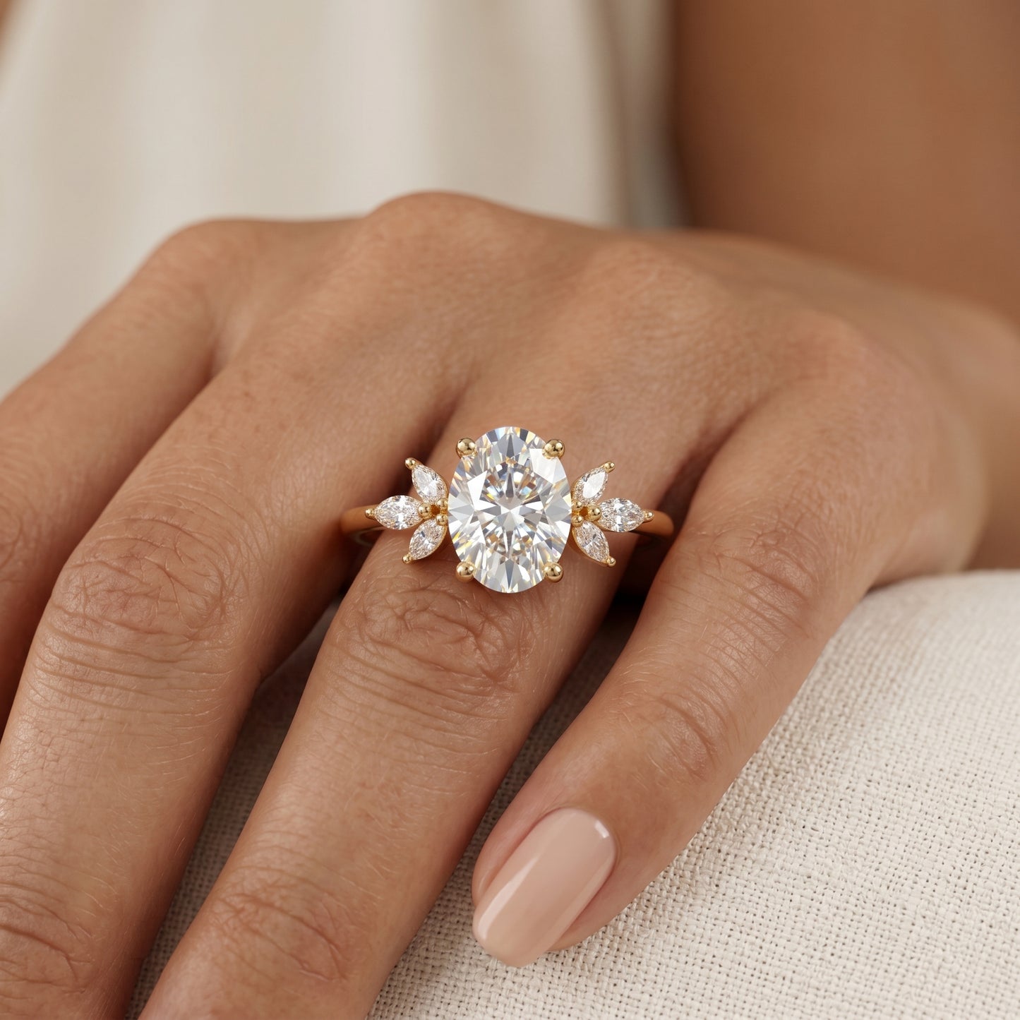 1.25 ct Oval Cut Lab Grown Diamond Engagement Ring • Vintage Marquise Diamond Cluster