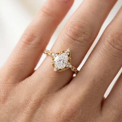 1.25 ct Pear Shaped Lab Grown Diamond Engagement Ring • Vintage Halo Ring