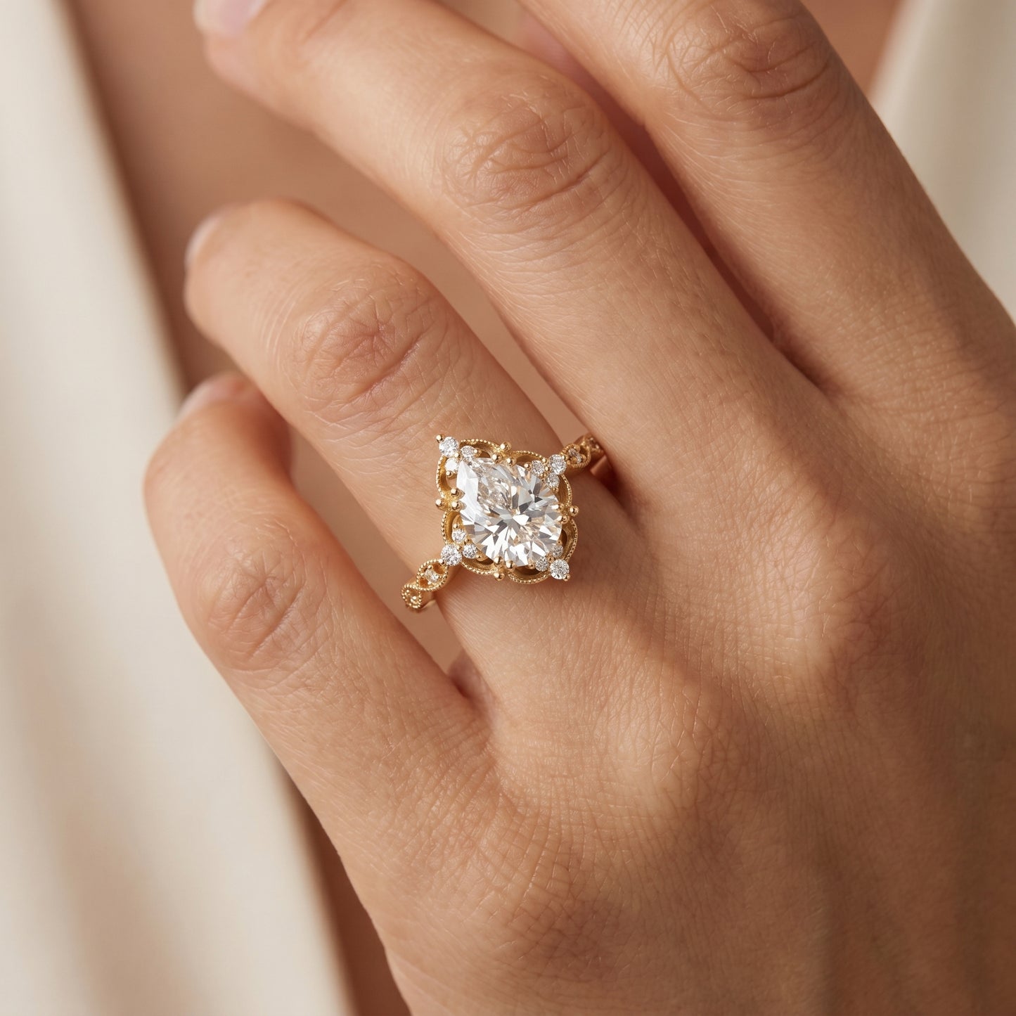 1.25 ct Pear Shaped Lab Grown Diamond Engagement Ring • Vintage Halo Ring