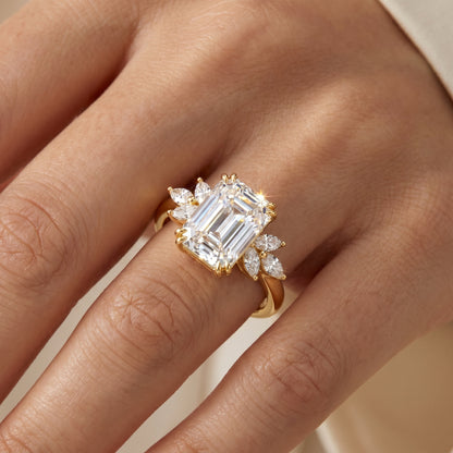 3.0ct Emerald Cut Lab Grown Diamond Engagement Ring • Vintage Cluster Bridal Ring