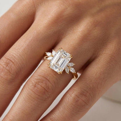 3.0ct Emerald Cut Lab Grown Diamond Engagement Ring • Vintage Cluster Bridal Ring