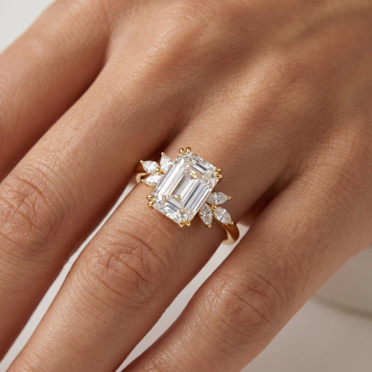 3.0ct Emerald Cut Lab Grown Diamond Engagement Ring • Vintage Cluster Bridal Ring