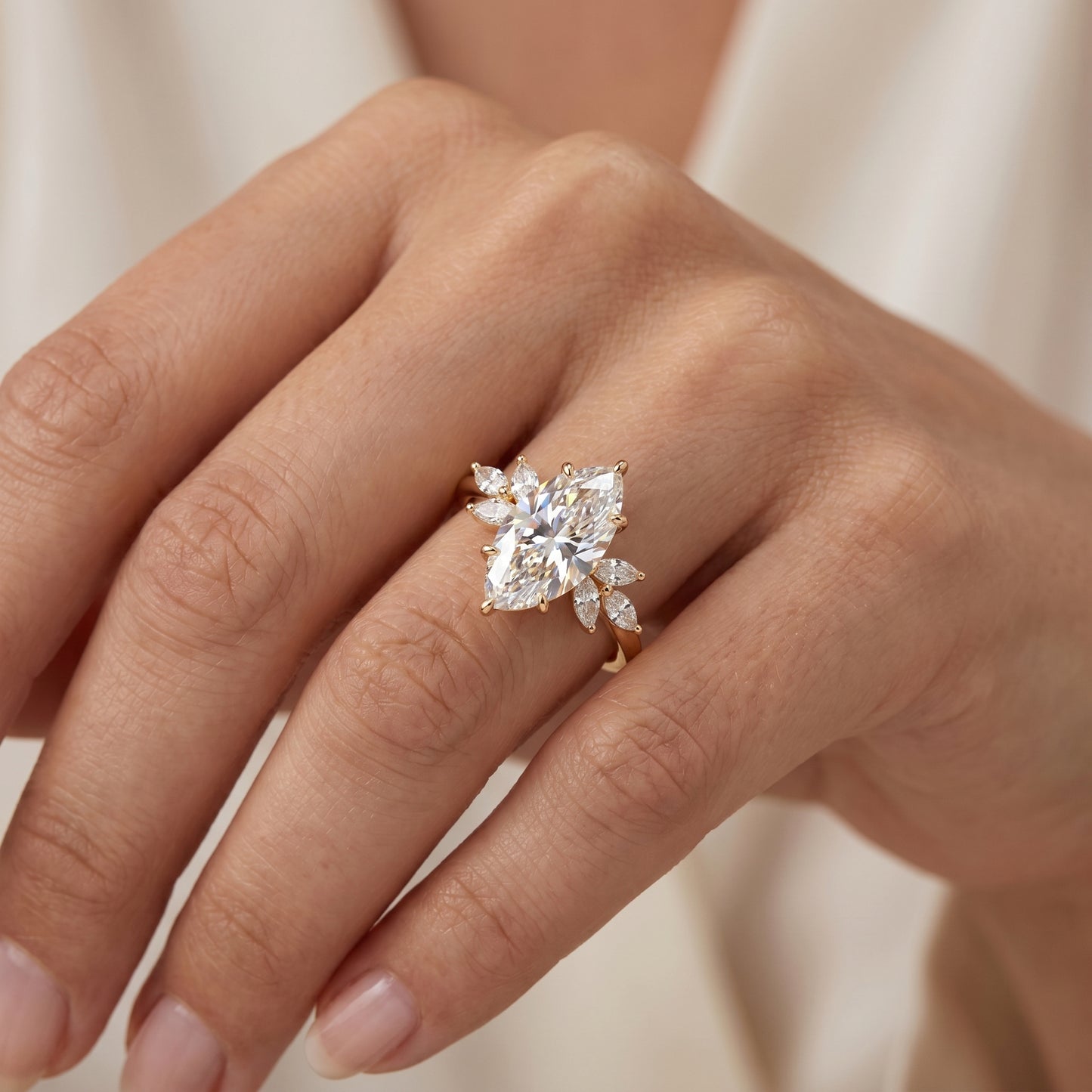 3.0 Marquise Cut Lab Grown Diamond  Engagement Ring • Unique Vintage Cluster Bridal Ring