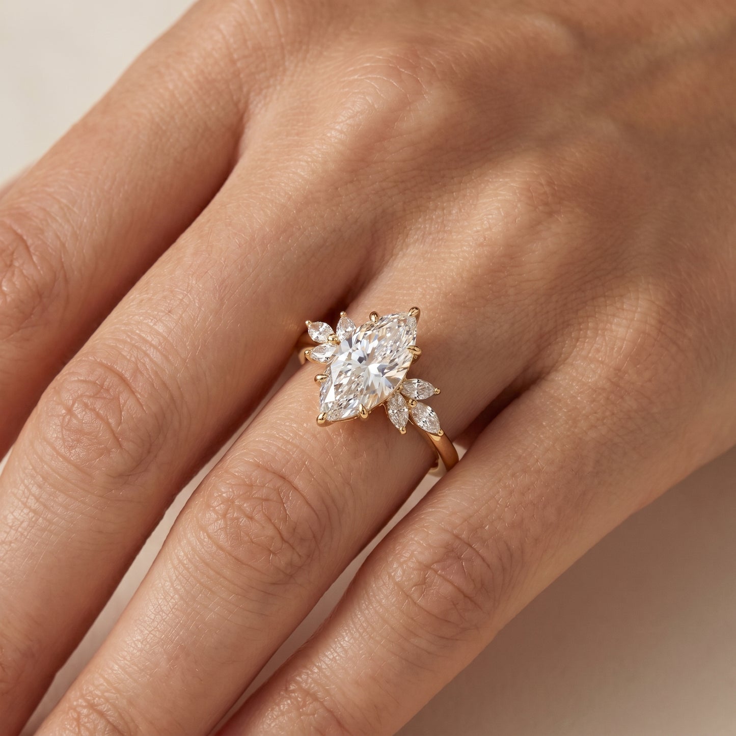 3.0 Marquise Cut Lab Grown Diamond  Engagement Ring • Unique Vintage Cluster Bridal Ring