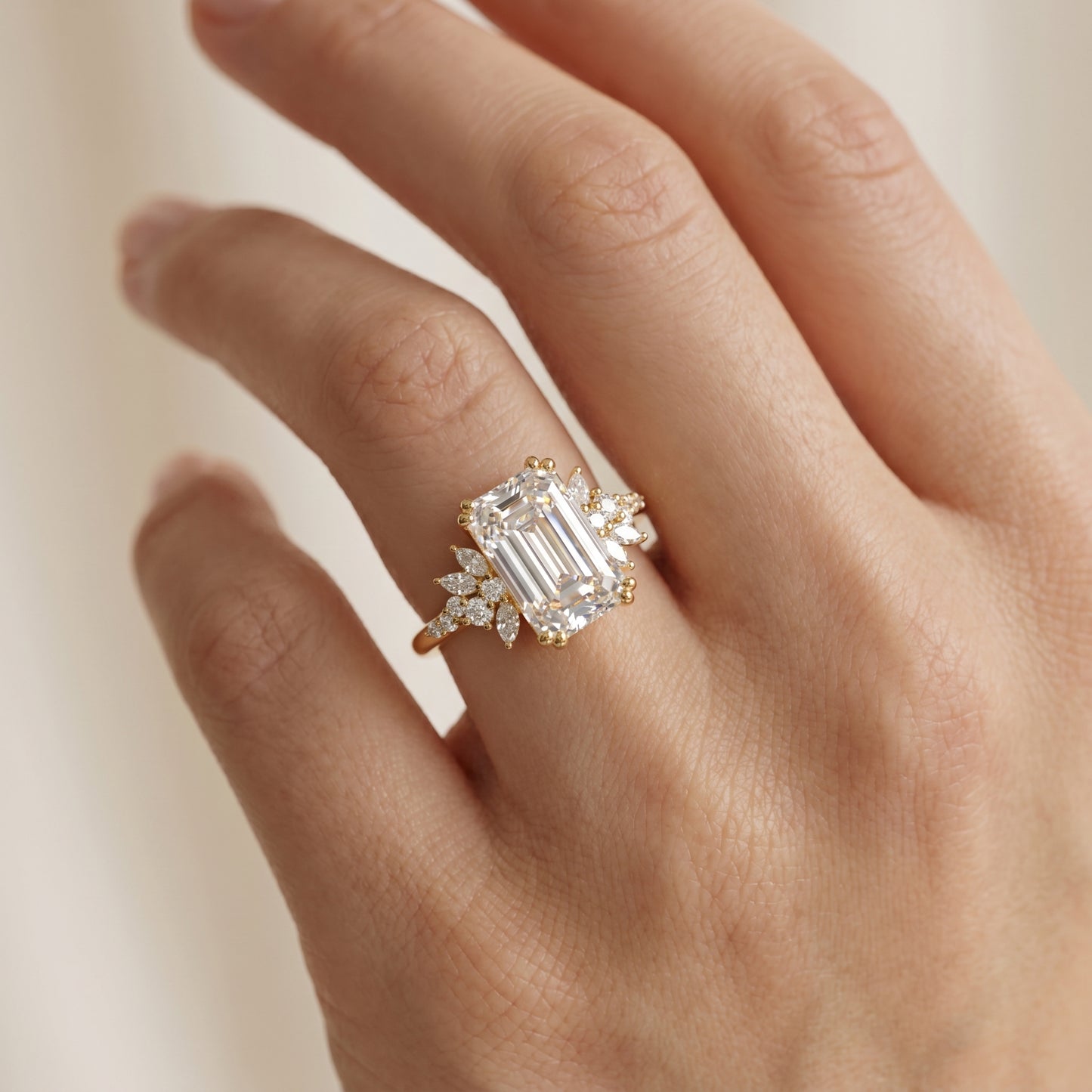 3.5ct Emerald Cut Lab Grown Diamond Engagement Ring • Vintage Yellow Gold Cluster Bridal Ring