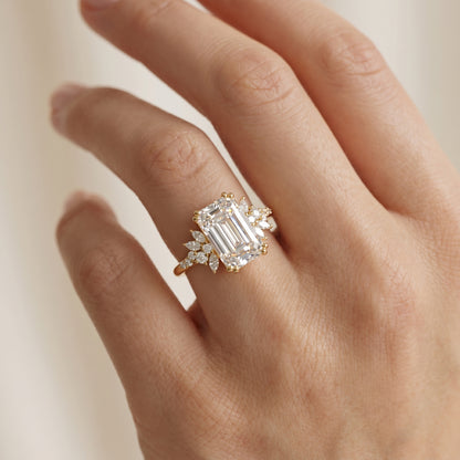 3.5ct Emerald Cut Lab Grown Diamond Engagement Ring • Vintage Yellow Gold Cluster Bridal Ring