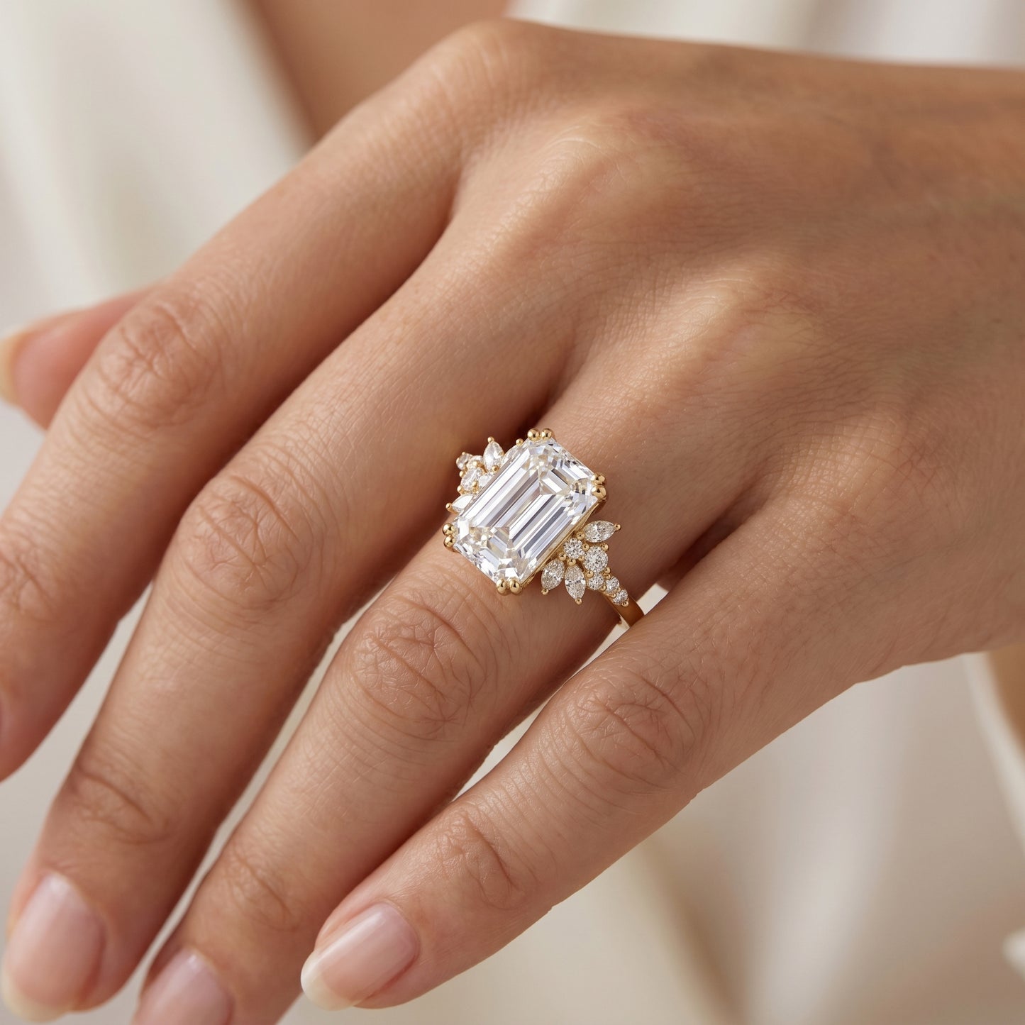 3.5ct Emerald Cut Lab Grown Diamond Engagement Ring • Vintage Yellow Gold Cluster Bridal Ring