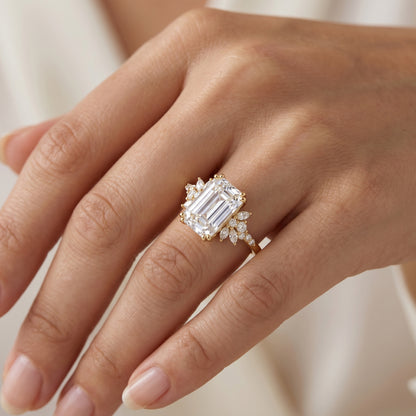 3.5ct Emerald Cut Lab Grown Diamond Engagement Ring • Vintage Yellow Gold Cluster Bridal Ring