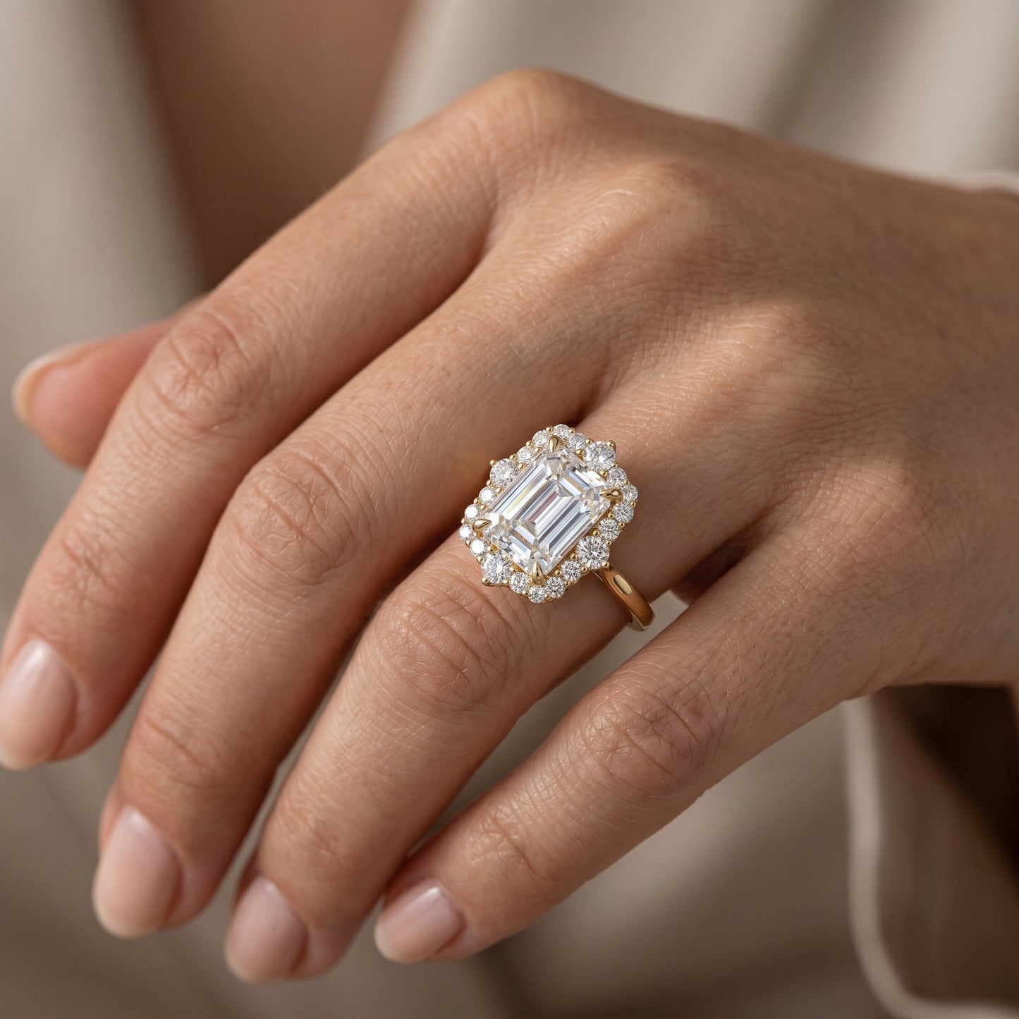 3CT Emerald Cut Lab Grown Diamond Engagement Ring • Vintage Yellow Gold Halo Ring