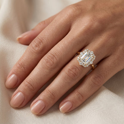 3CT Emerald Cut Lab Grown Diamond Engagement Ring • Vintage Yellow Gold Halo Ring