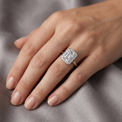 F/VS 1.100 Ct Emerald Diamond Halo Engagement Ring 14k White Gold Lab Grown